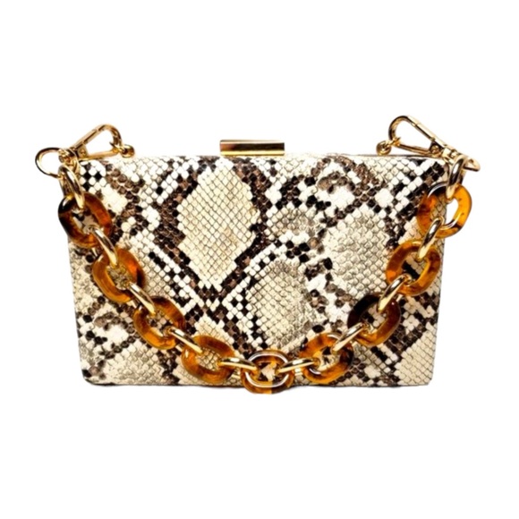 Snakeskin Print Pattern Gold Chain Mini Hardbody Cream Brown Clutch Purse Bag - Picture 3 of 6